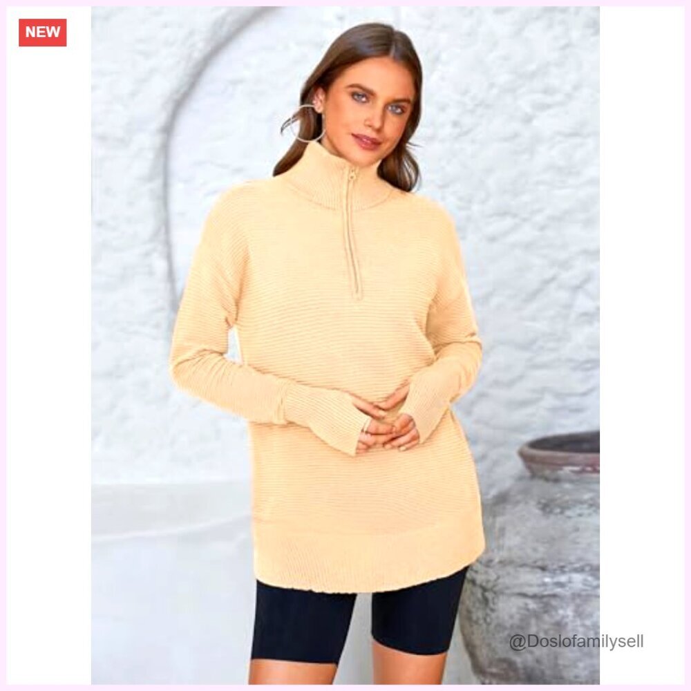 Long Sleeve Quarter Zip Pullover Sweater Ribbed Knit Thumb Hole Loose Fit - Picture 4 of 7